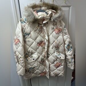 Sundance Women size L off-white floral Parka w/ Faux Fur Trim size L, EUC